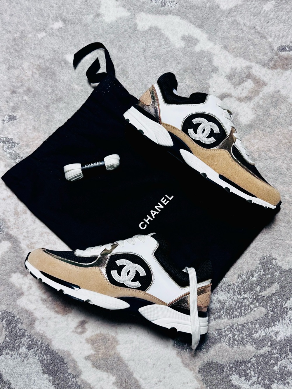 Chanel Men's Beige & Black Runner Sneakers
